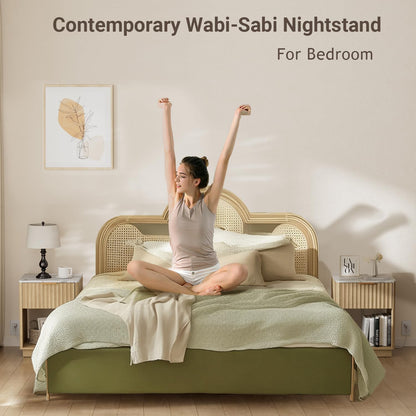 Modern Fluted Nightstand with Charging Station – Natural Oak Bedside Table