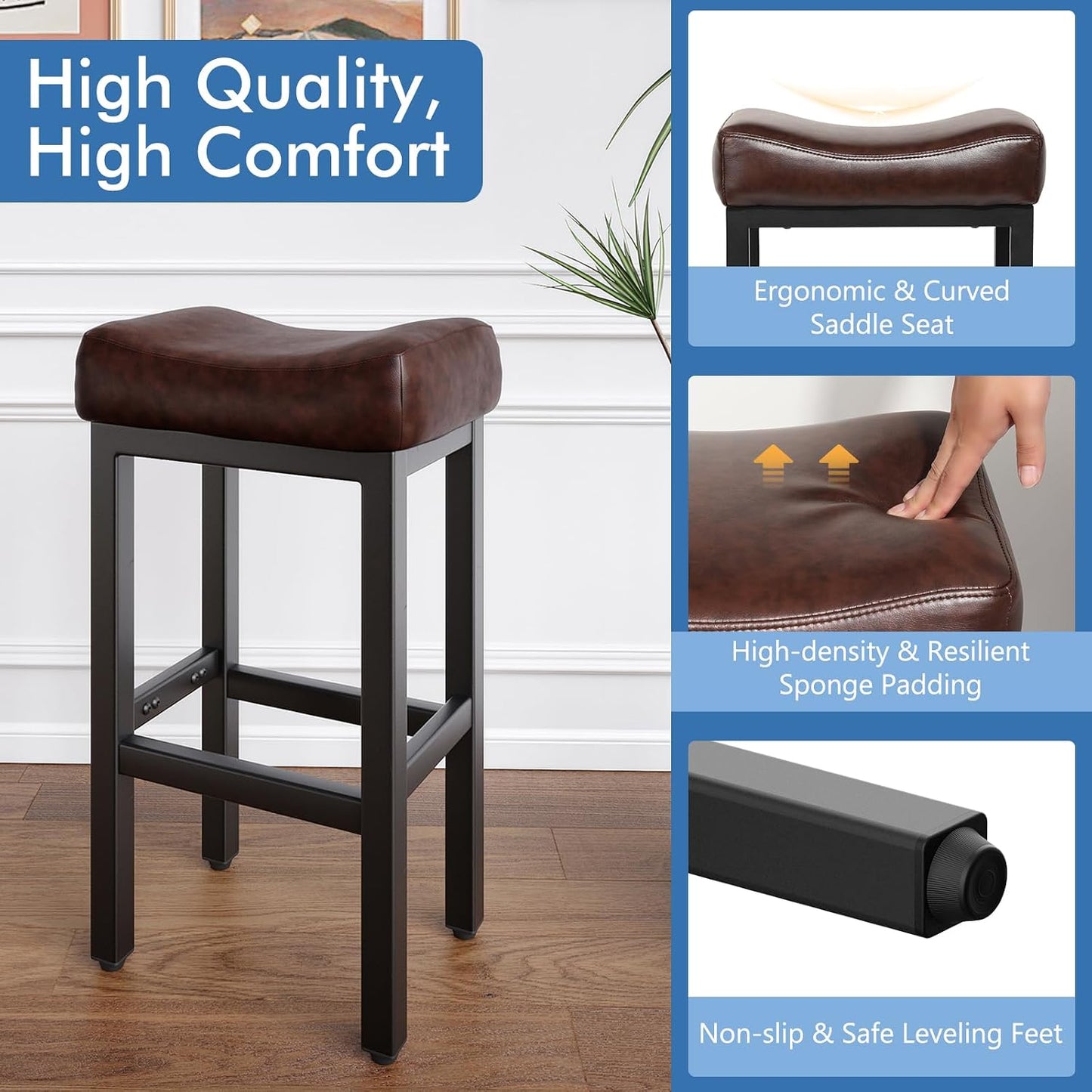 Black Bar Height Stools Set of 2 Upholstered Saddle Kitchen Seats