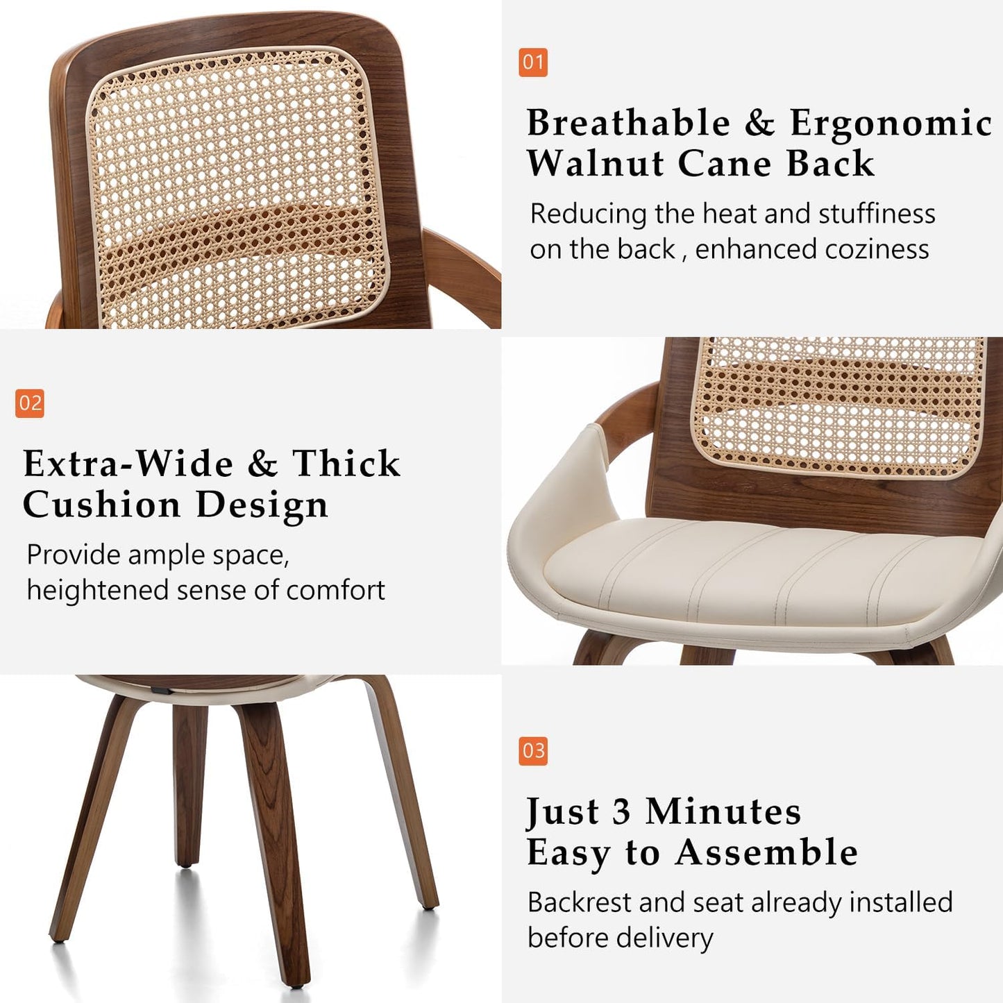 Walnut Rattan Dining Chair with Cane Back Black Upholstered Seat and Arms