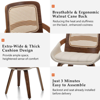 Walnut Rattan Dining Chair with Cane Back Black Upholstered Seat and Arms