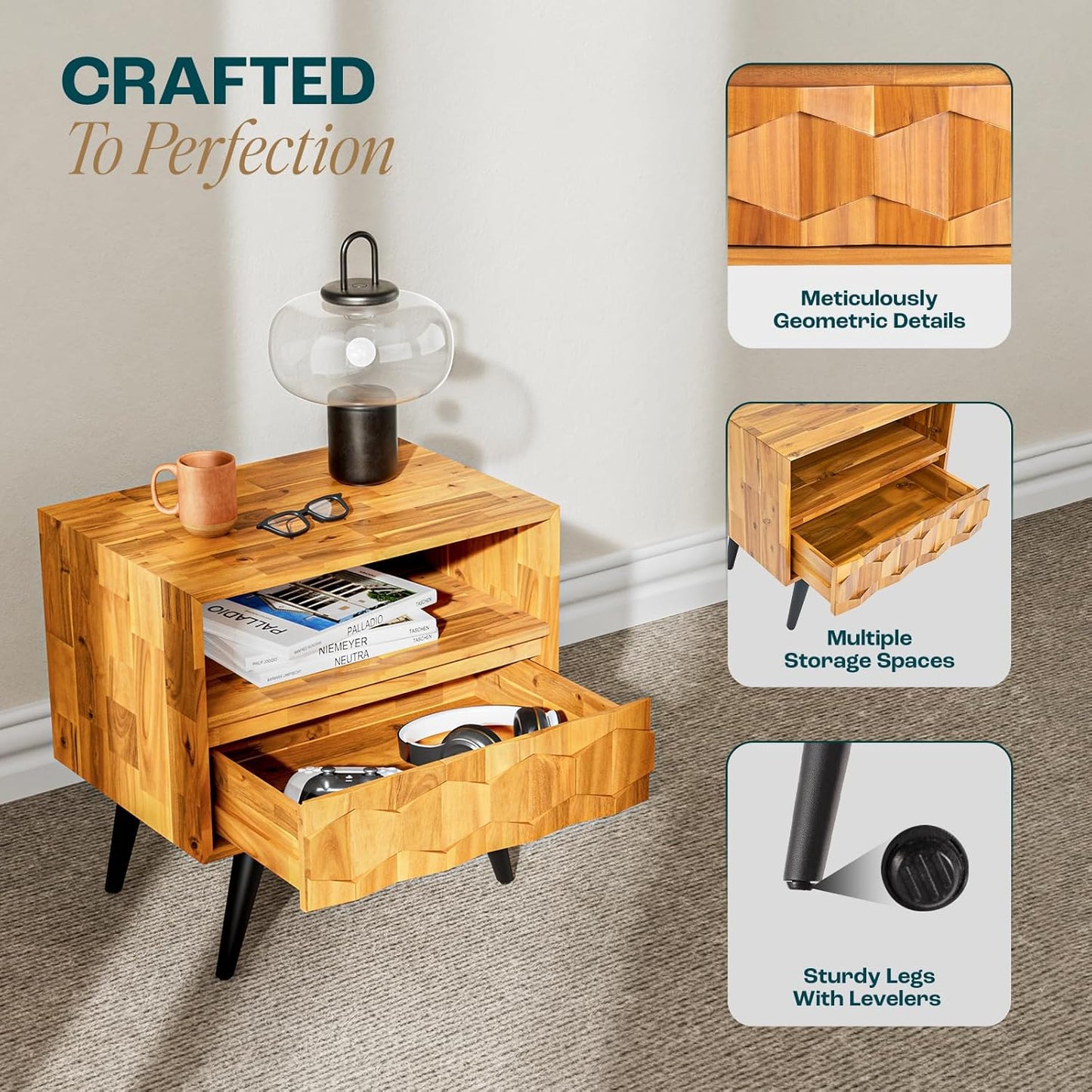Solid Acacia Wood Geometric Nightstand with Drawer & Open Shelf