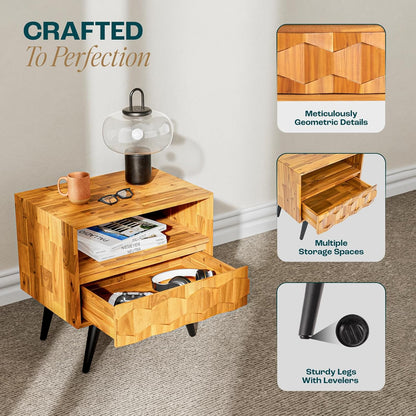 Solid Acacia Wood Geometric Nightstand with Drawer & Open Shelf