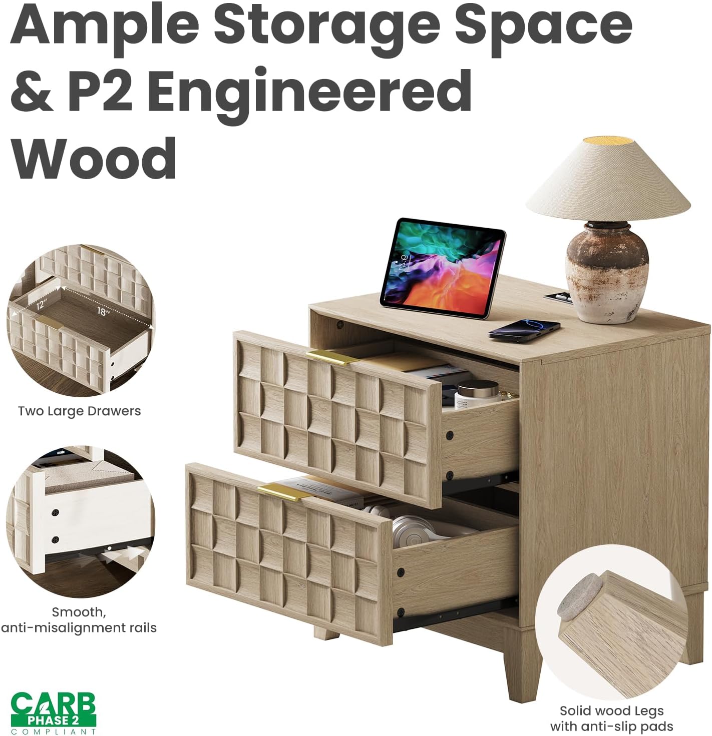 Modern Oak 2-Drawer Nightstand with Charging Station – Textured Bedside Table