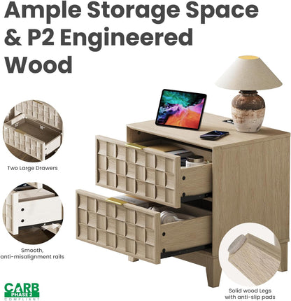 Modern Oak 2-Drawer Nightstand with Charging Station – Textured Bedside Table