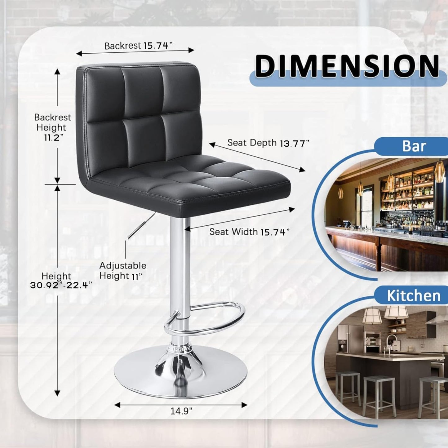 Black Swivel Bar Stools Set of 2 Adjustable Upholstered Kitchen Chairs