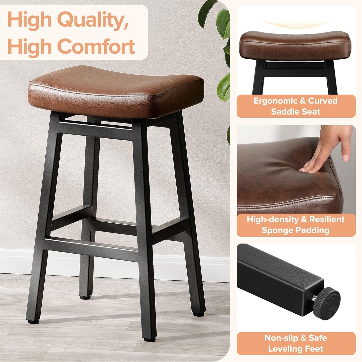 29 Inch Black Bar Height Stools Set of 2 Bonded Leather Saddle Seats