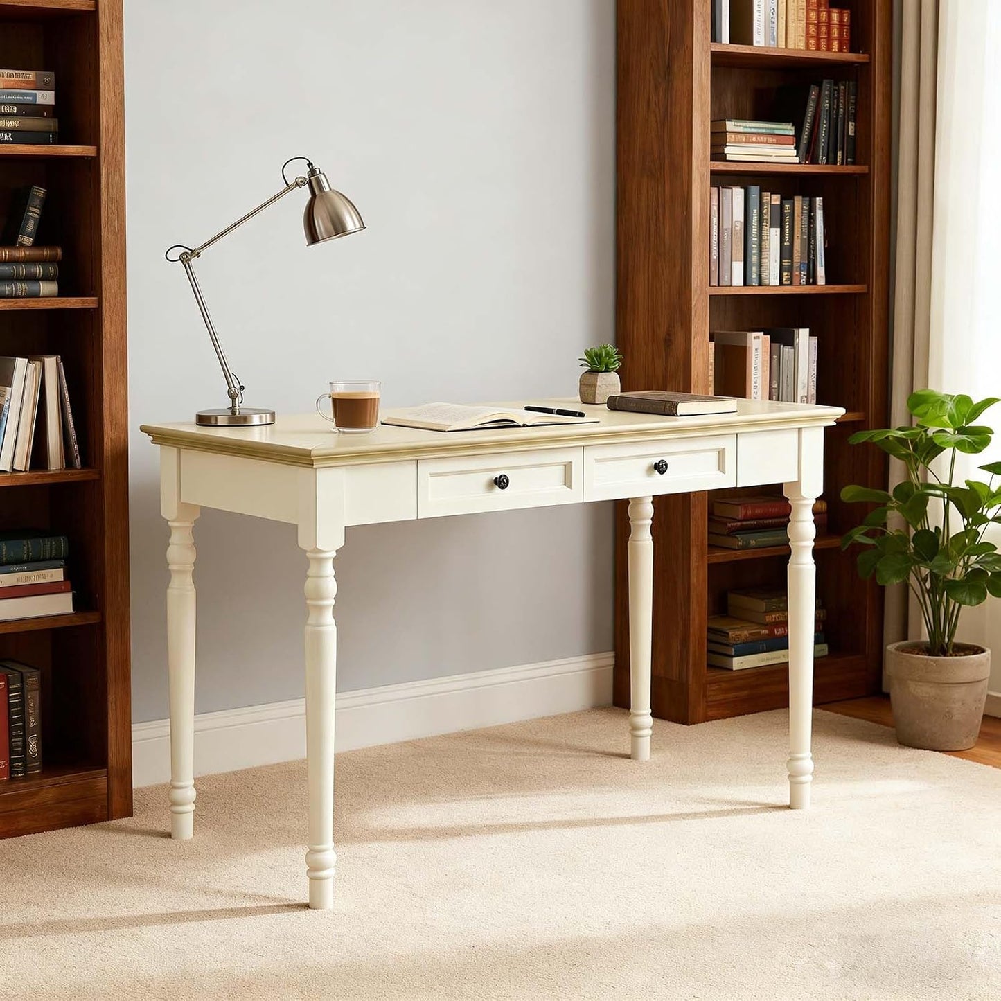 French Country Solid Wood Writing Desk with 2 Drawers Beige Farmhouse Table