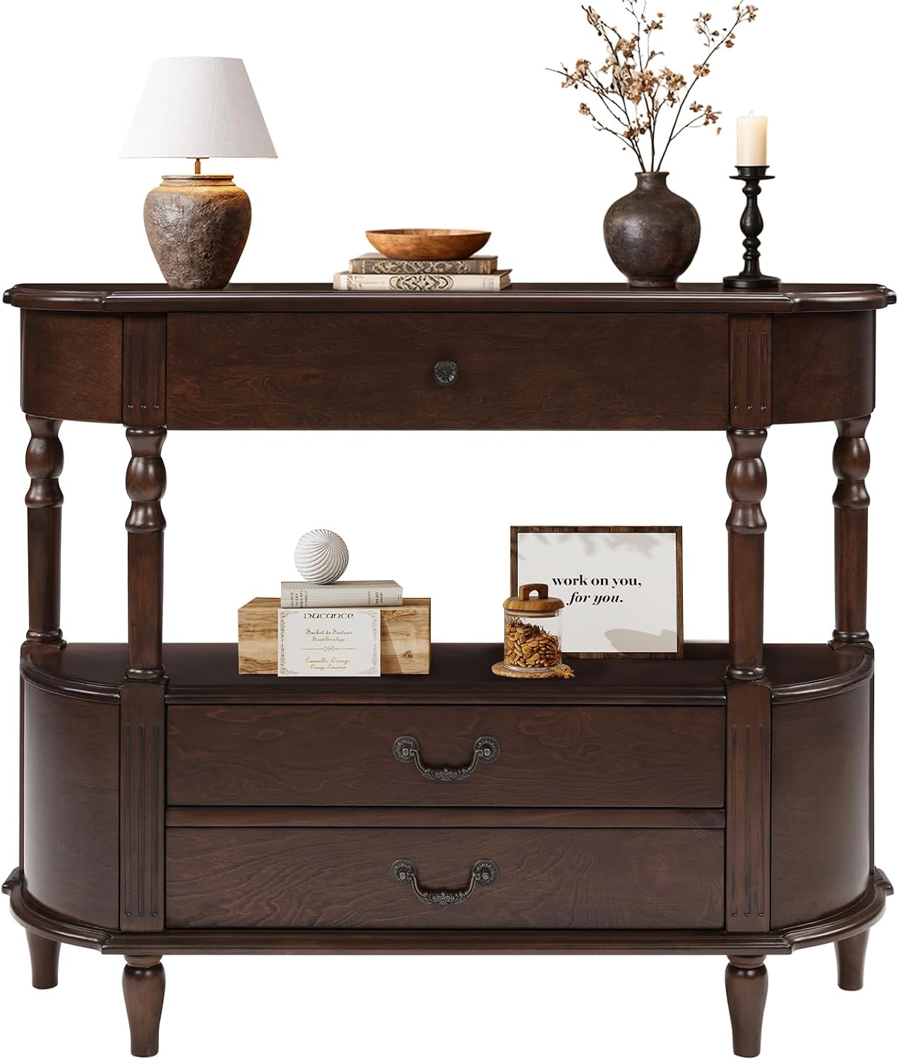 Solid Wood Console Table with Drawers Cherry Half Moon Entryway Table