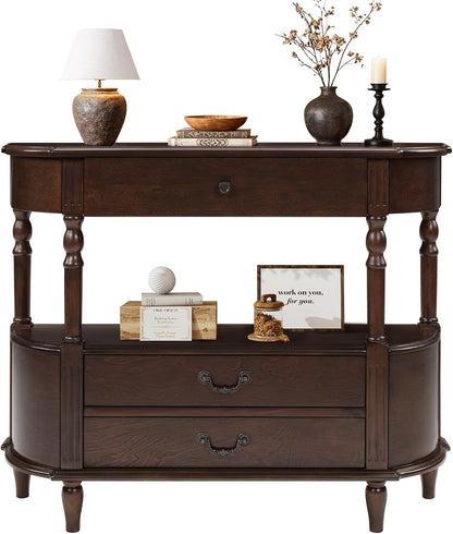 Solid Wood Console Table with Drawers Cherry Half Moon Entryway Table