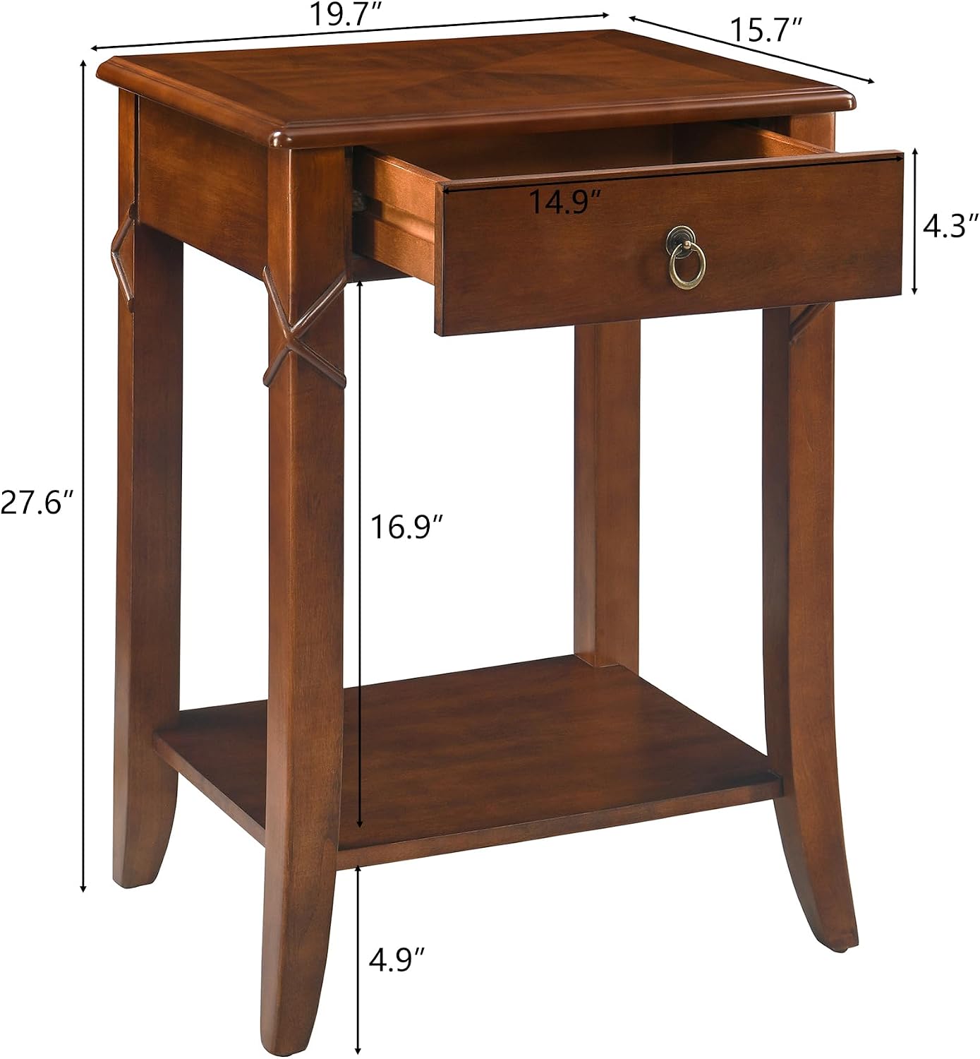 Victorian Solid Wood End Table Cherry Walnut Nightstand with Drawer and Storage Shelf