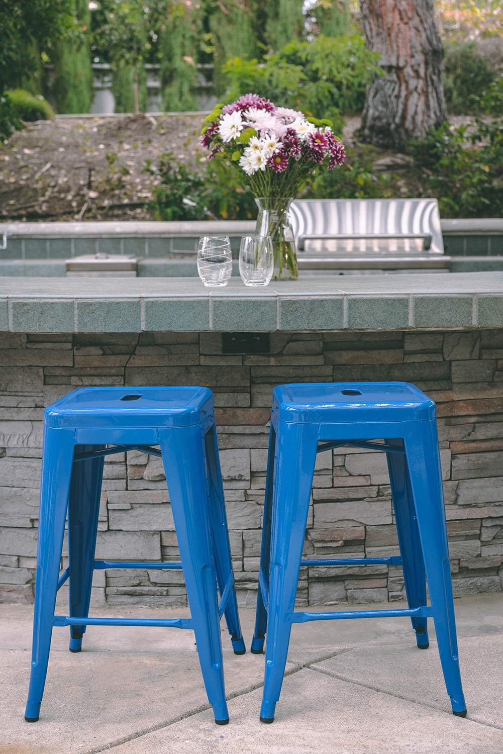 Black Metal Bar Stools Set of 2 Stackable Industrial Counter Height Seats