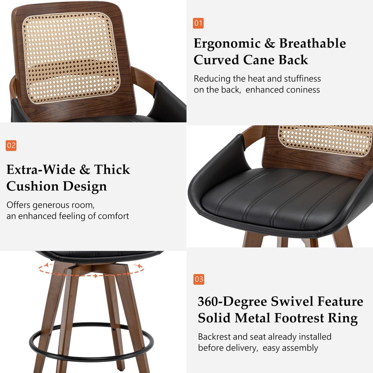 Walnut Cane Swivel Counter Stool with Arms Black Faux Leather Seat