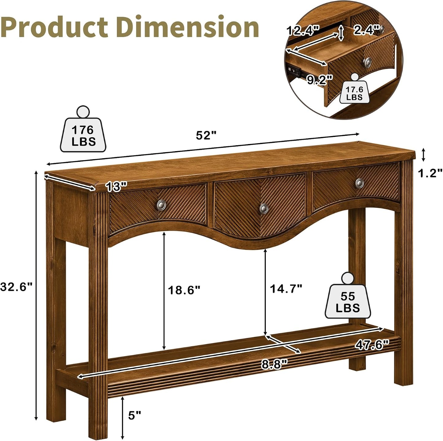Scalloped Wood Console Table with 3 Drawers Narrow Espresso Entryway Table