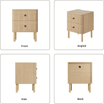 Modern Fluted Nightstand with Charging Station & 2 Drawers