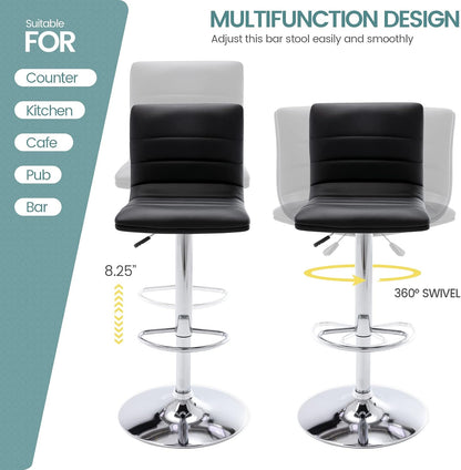 Black Adjustable Bar Stools Set of 2 Modern Swivel Faux Leather Chairs