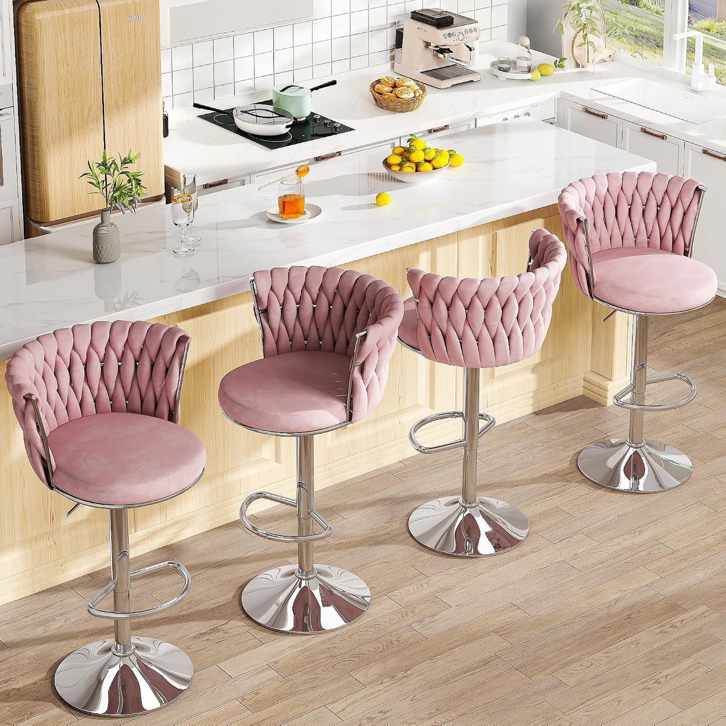 Black Velvet Swivel Bar Stools with Tufted Back Adjustable Height Set of 2