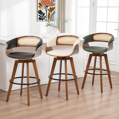Walnut Cane Swivel Counter Stools Green Faux Leather Mid Century Set of 2
