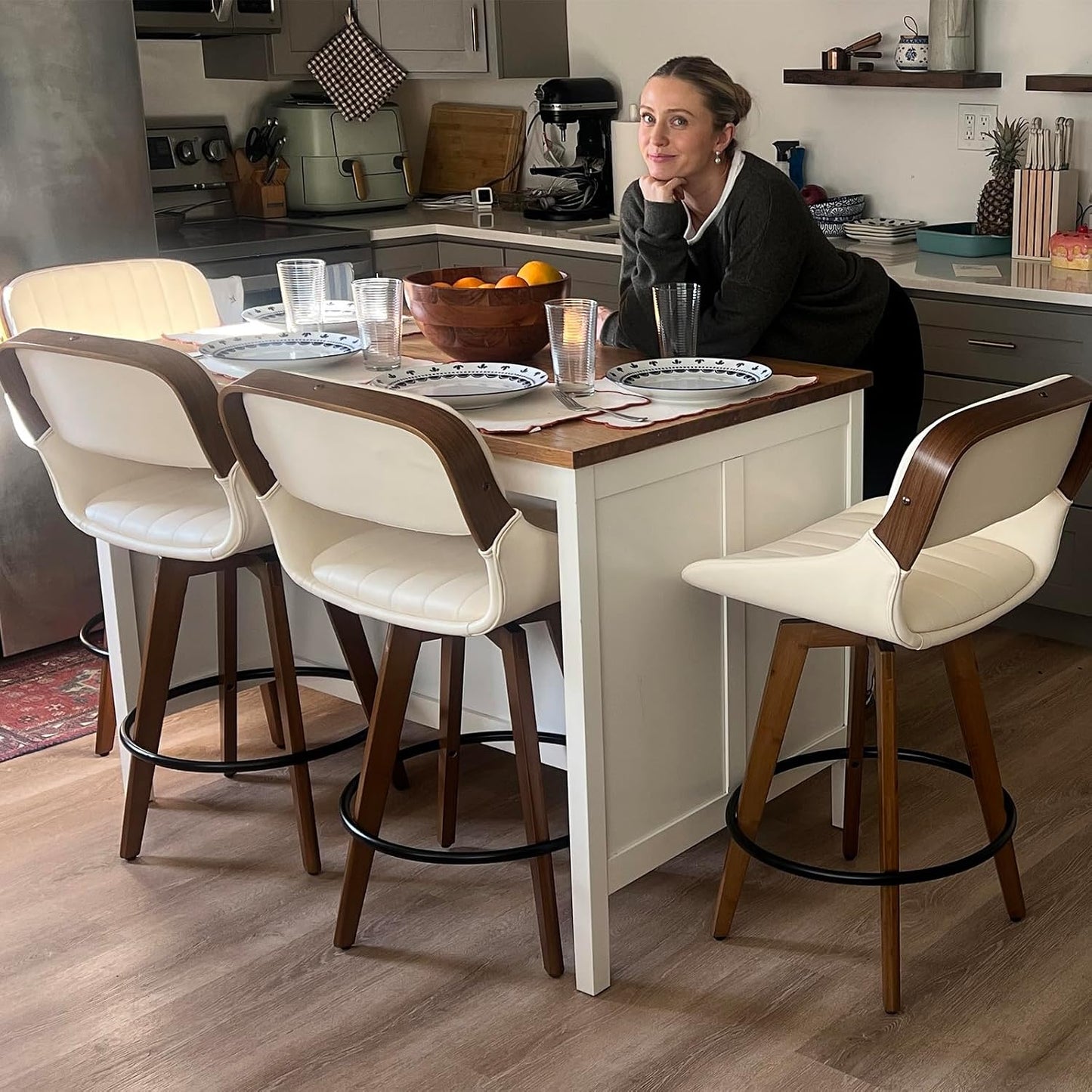 Walnut Black Swivel Bar Stools Faux Leather Mid Century Set of 2