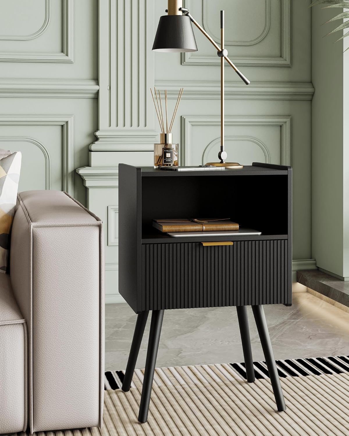 Modern Walnut Brown Fluted Nightstand with Drawer & Open Shelf