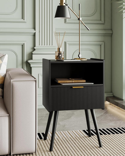 Modern Walnut Brown Fluted Nightstand with Drawer & Open Shelf