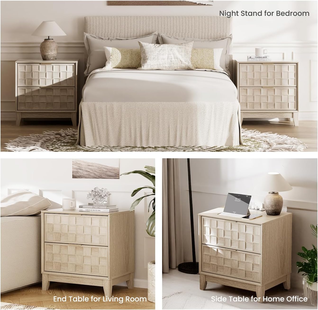 Modern Oak 2-Drawer Nightstand with Charging Station – Textured Bedside Table