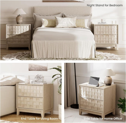 Modern Oak 2-Drawer Nightstand with Charging Station – Textured Bedside Table