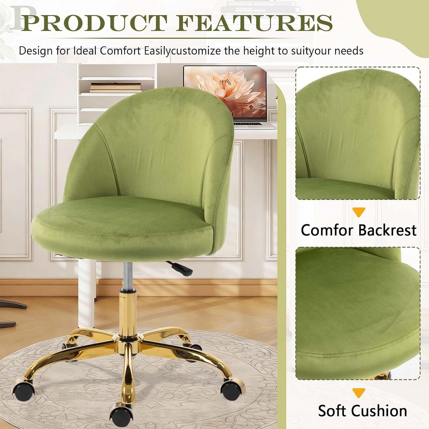 Black Velvet Vanity Chair Gold Base Adjustable Swivel Rolling Desk Chair