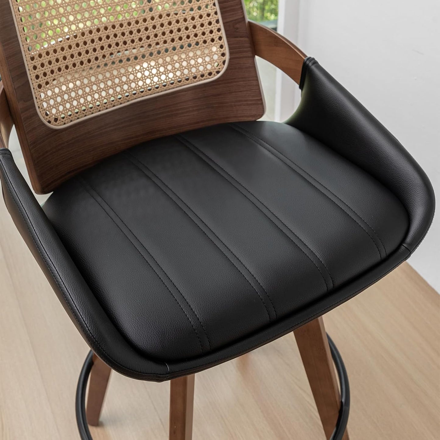Walnut Cane Swivel Counter Stool with Arms Black Faux Leather Seat