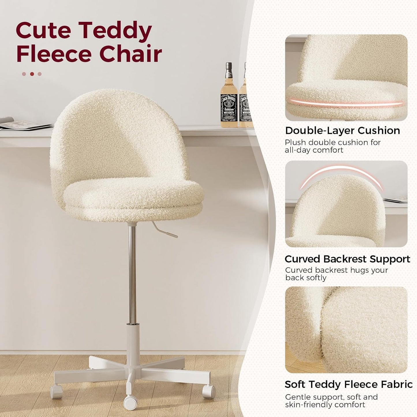 Pink Velvet Vanity Chair Adjustable Swivel Rolling Desk Chair with Lumbar Pillow