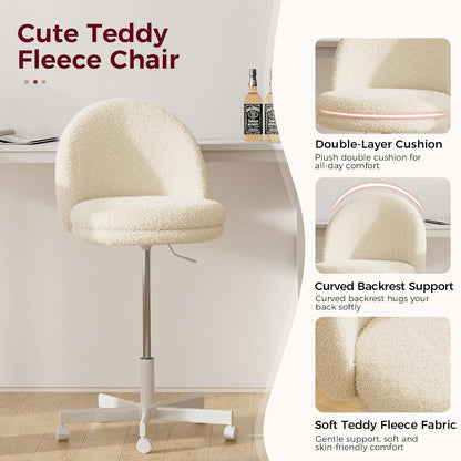 Pink Velvet Vanity Chair Adjustable Swivel Rolling Desk Chair with Lumbar Pillow