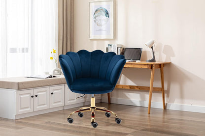 Blue Velvet Office Chair Adjustable Swivel Vanity Chair with Gold Base