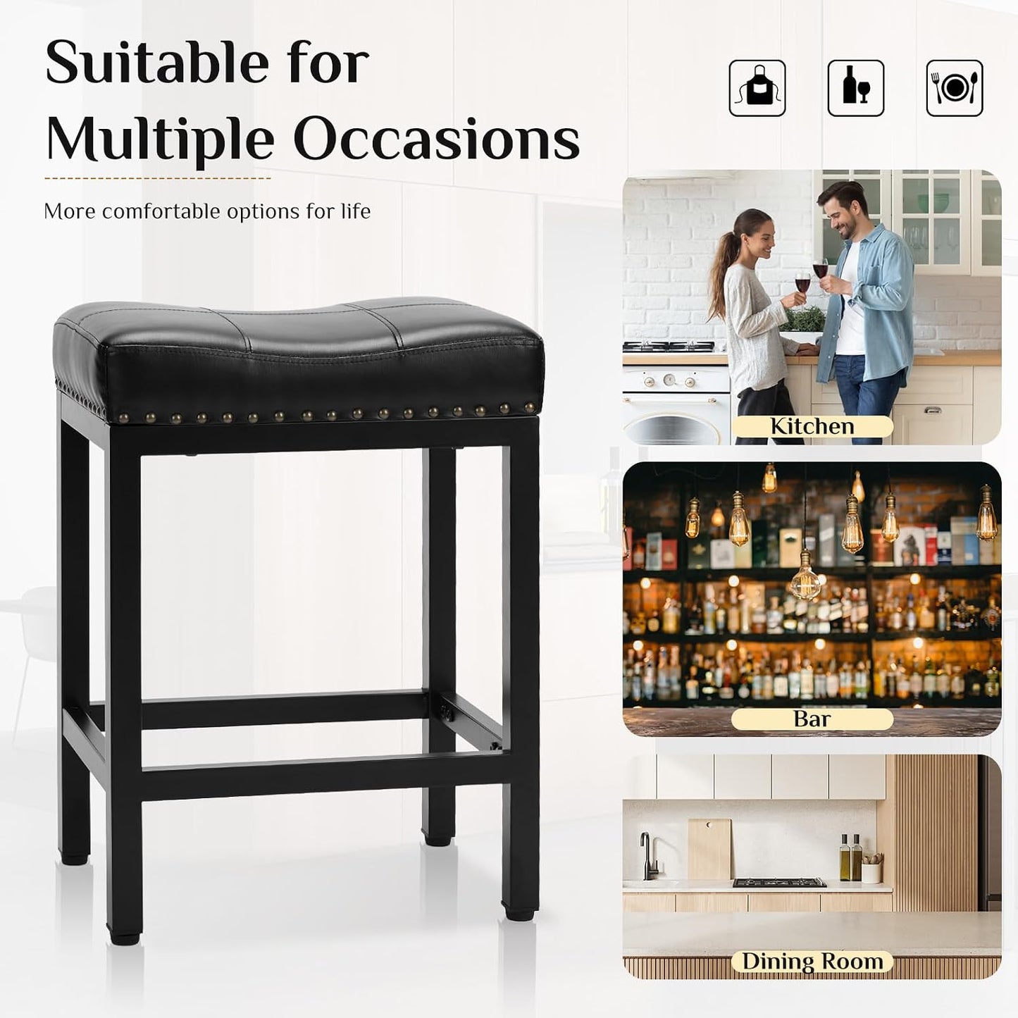 24 Inch Grey Counter Stools Set of 2 Upholstered Saddle Bar Chairs