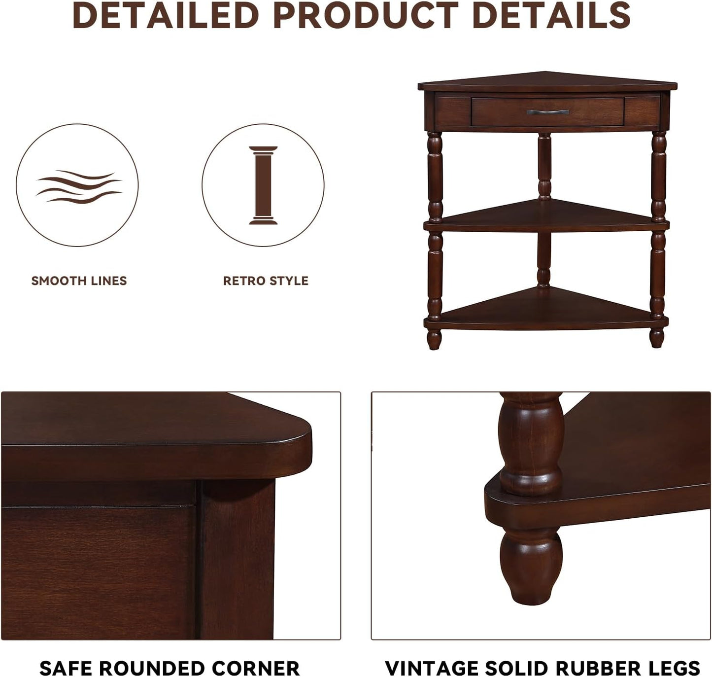 Wood Triangle Corner Table with Drawer and 2 Storage Shelves Navy Blue