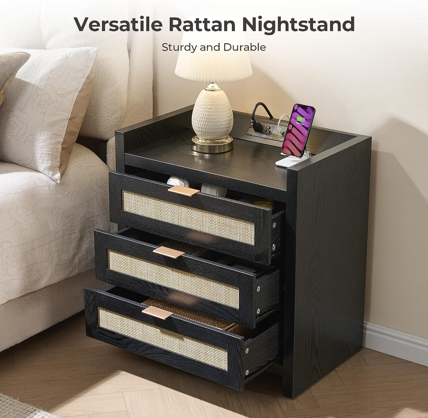 Rattan Nightstand with 3 Drawers Charging Station Farmhouse Bedside Table