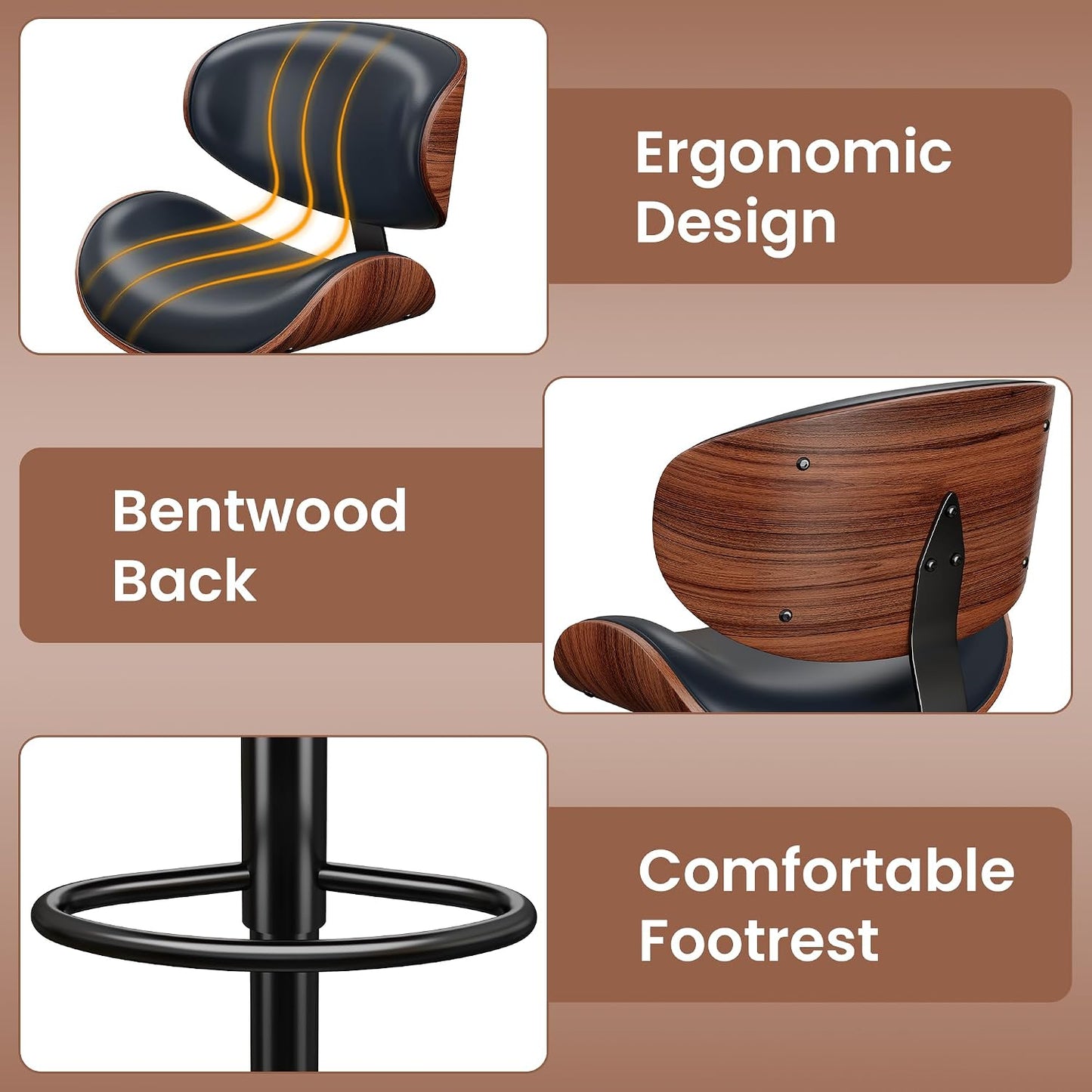 Adjustable Swivel Bar Stool Black PU Leather Walnut Bentwood Counter Chair