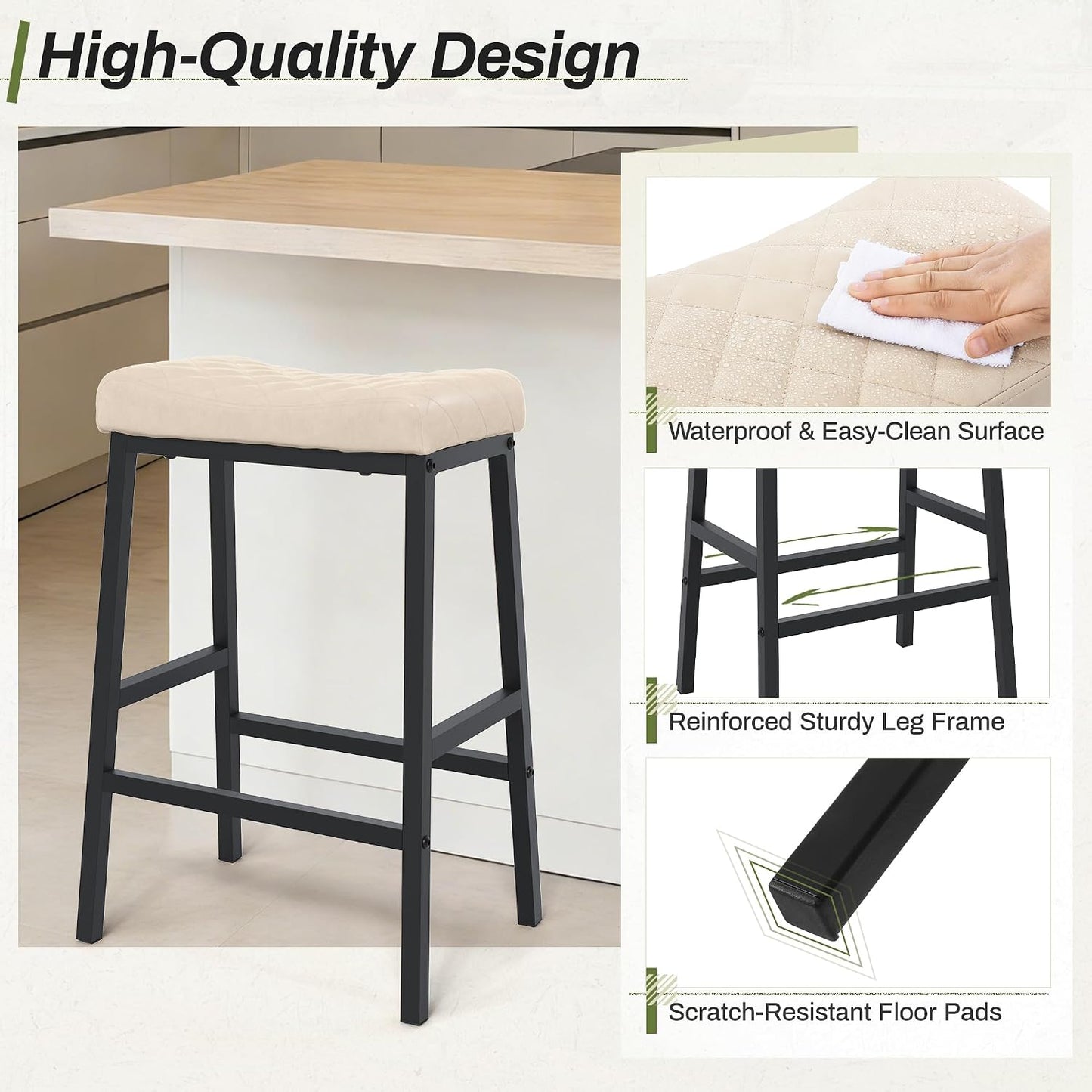 24 Inch Counter Height Bar Stools Set of 3 Brown Saddle Seats Black Metal Frame