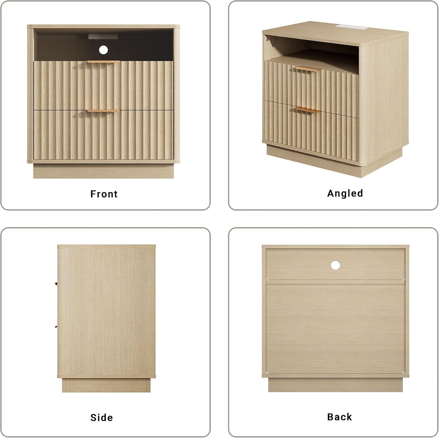 23" Walnut Fluted Nightstand with Charging Station – 2-Drawer Bedside Table