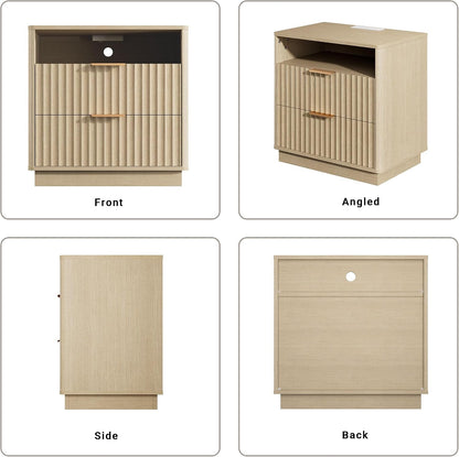 23" Walnut Fluted Nightstand with Charging Station – 2-Drawer Bedside Table