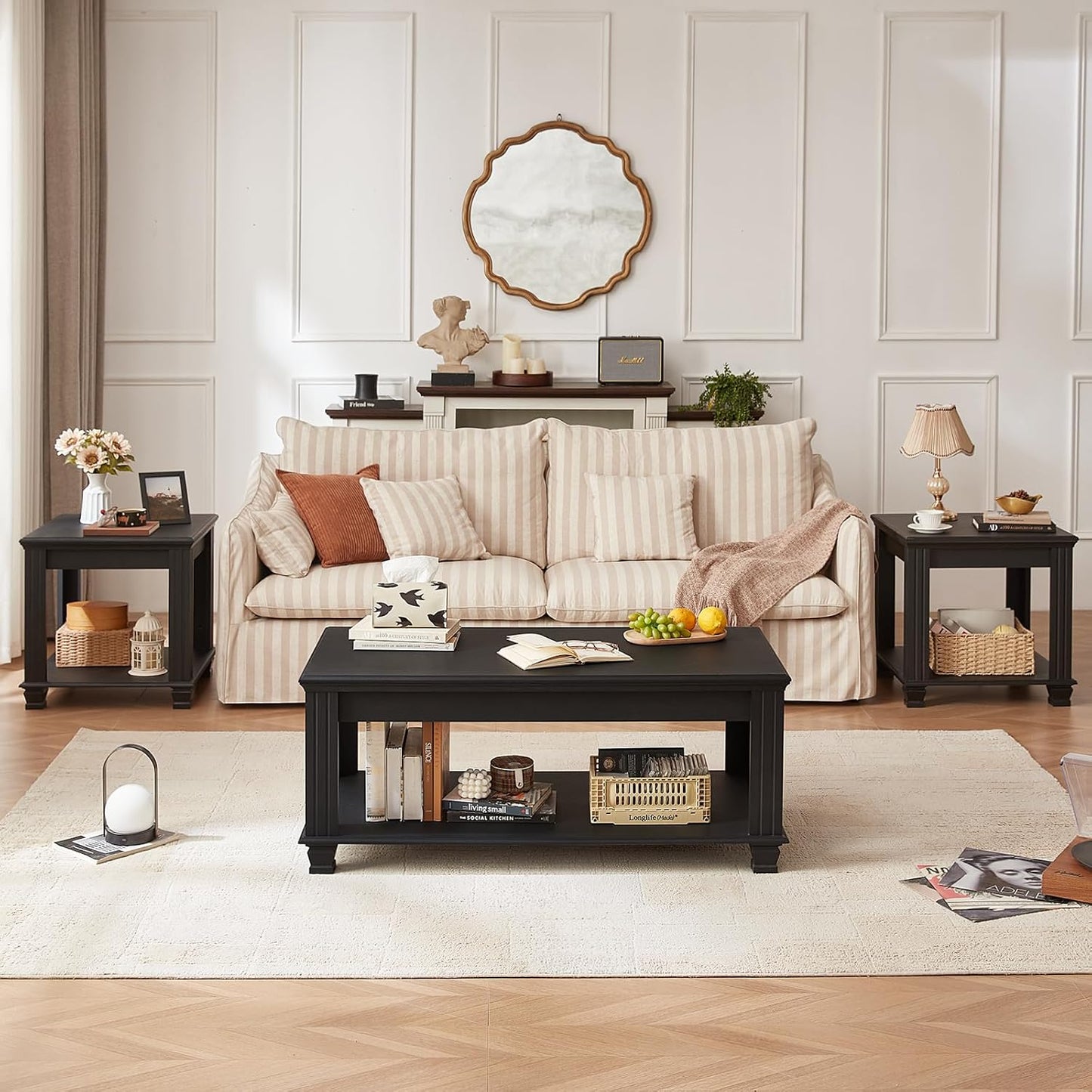 Farmhouse Walnut Coffee Table with Open Storage Shelf Rustic Wood Center Table