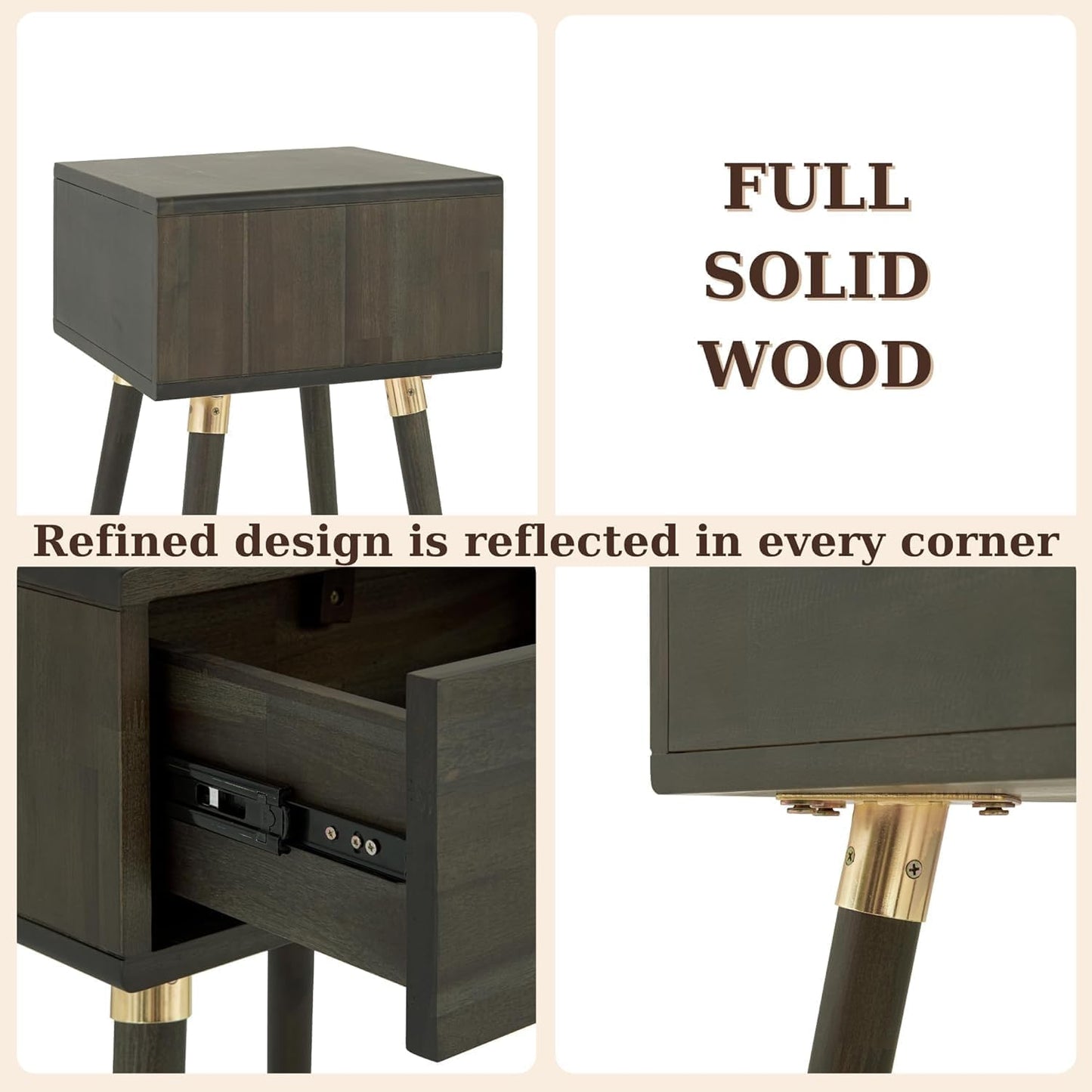 Solid Acacia Wood Nightstand with Drawer – Caramel Mid-Century Side Table