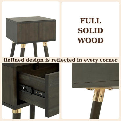 Solid Acacia Wood Nightstand with Drawer – Caramel Mid-Century Side Table