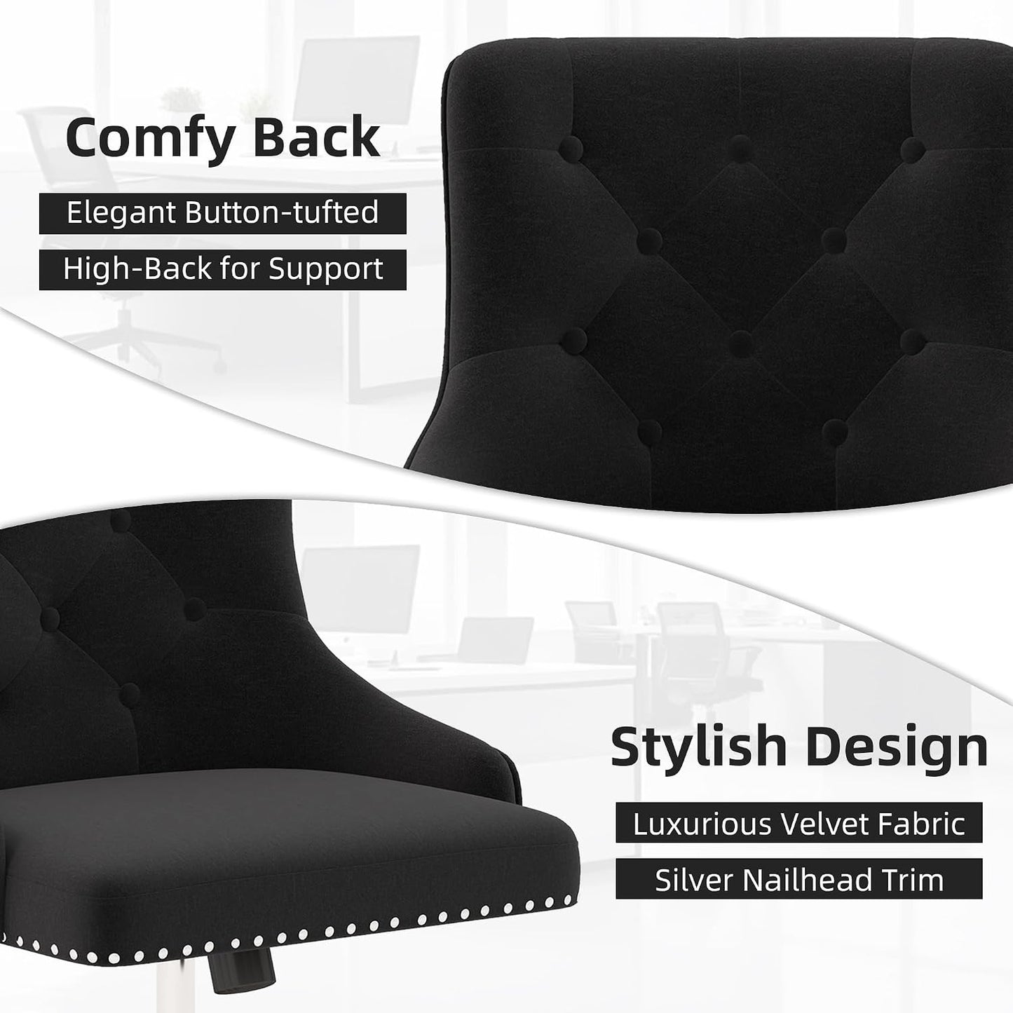 Beige Velvet Swivel Desk Chair Tufted Vanity Chair with Gold Base and Wheels