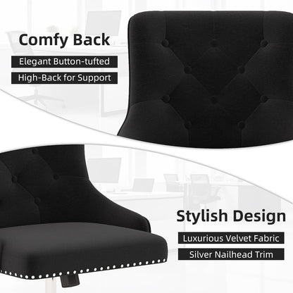 Beige Velvet Swivel Desk Chair Tufted Vanity Chair with Gold Base and Wheels