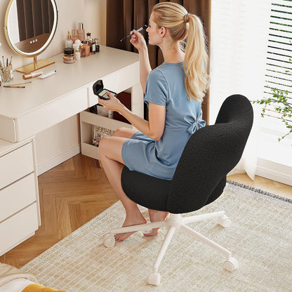 White Teddy Vanity Chair Armless Adjustable Swivel Desk Chair with Wheels