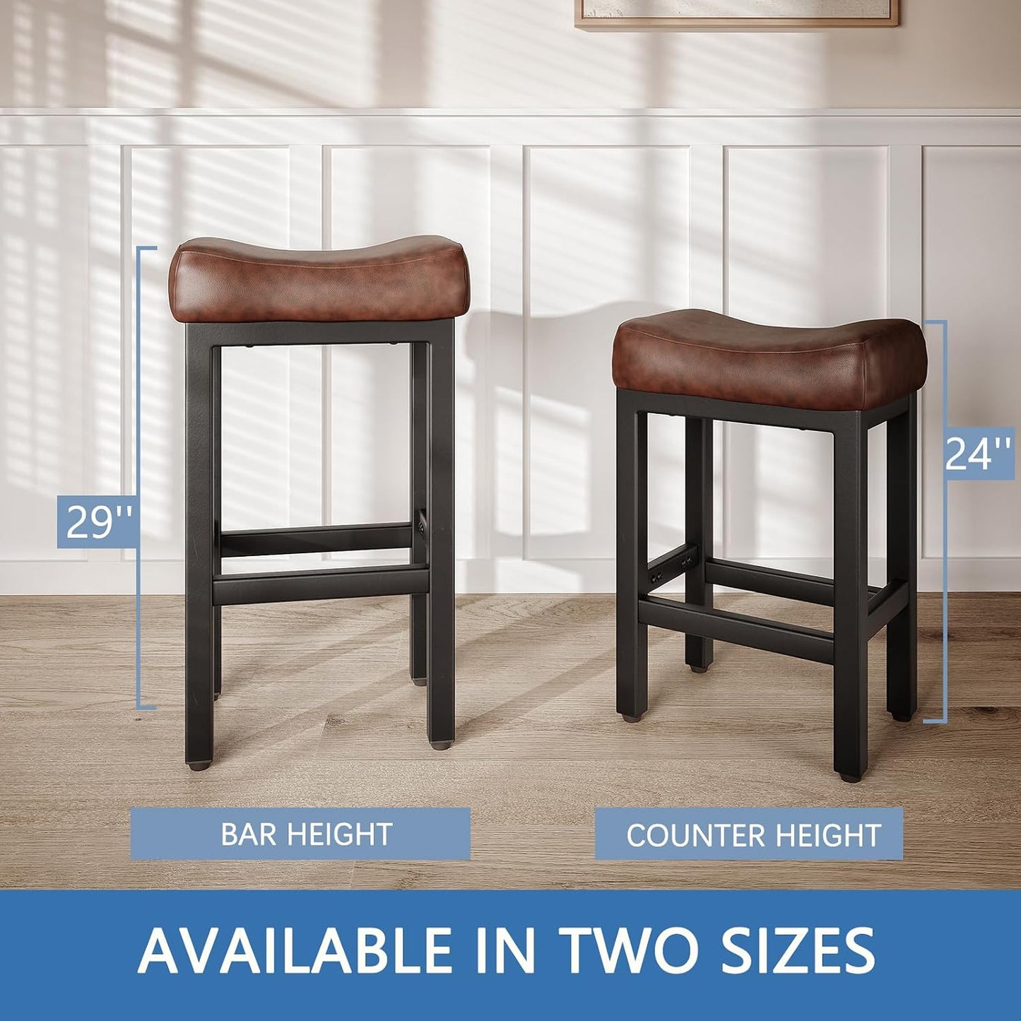 Black Bar Height Stools Set of 2 Upholstered Saddle Kitchen Seats
