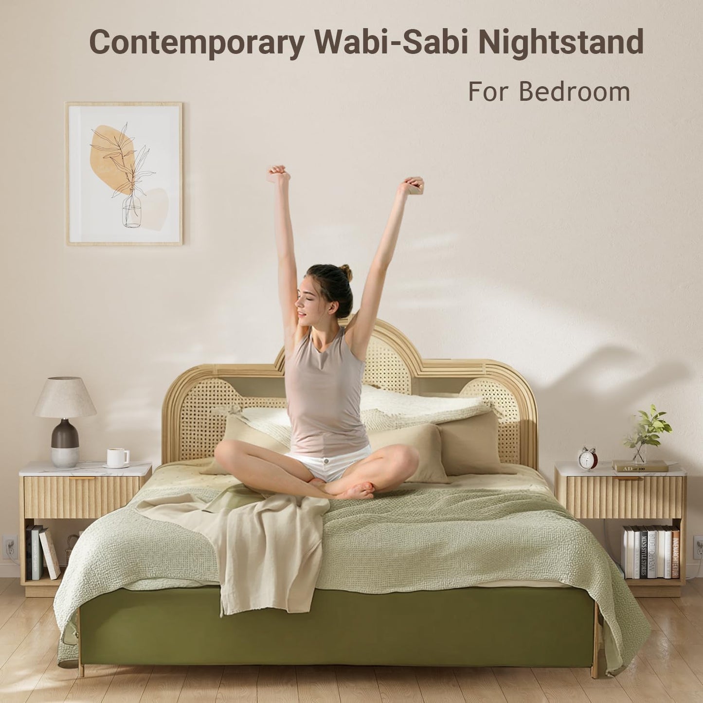 23" Modern Fluted Nightstand with Charging Station – Natural Oak Bedside Table