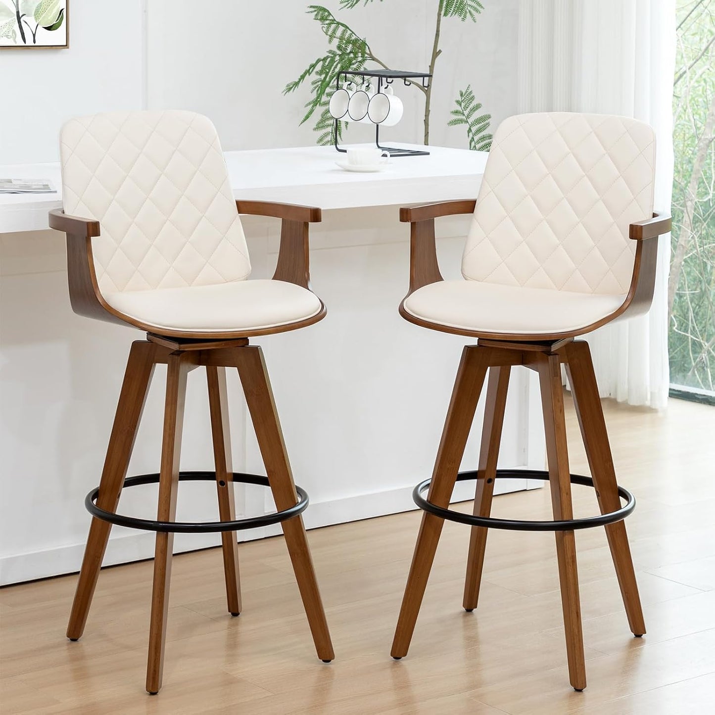 Walnut Swivel Bar Stool with Arms Beige Faux Leather Mid Century Chair