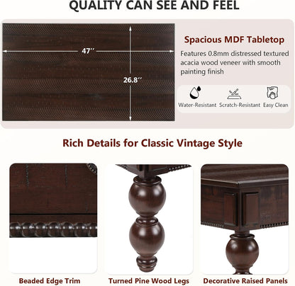 Traditional Walnut Coffee Table with Drawer Rustic Farmhouse Wood Living Room Table