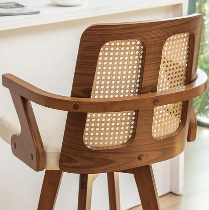 Walnut Rattan Swivel Counter Stool with Arms Green Upholstered Seat