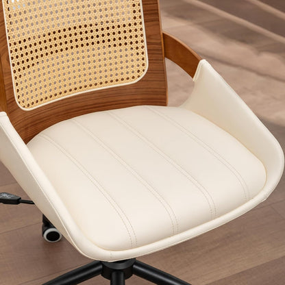 Walnut Rattan Office Chair Green Faux Leather Swivel Rolling Desk Chair